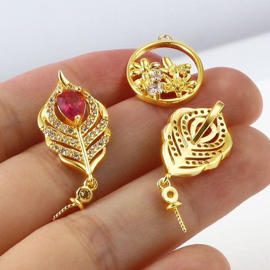 Picture of Brass Micro Pave Pearl Pendant Connector Bail Pin Cap 18K Real Gold Plated Clear Rhinestone 1 Piece