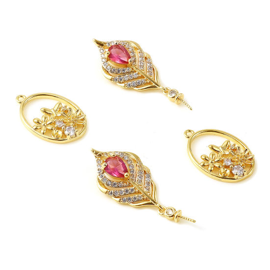 Picture of Brass Micro Pave Pearl Pendant Connector Bail Pin Cap 18K Real Gold Plated Clear Rhinestone 1 Piece