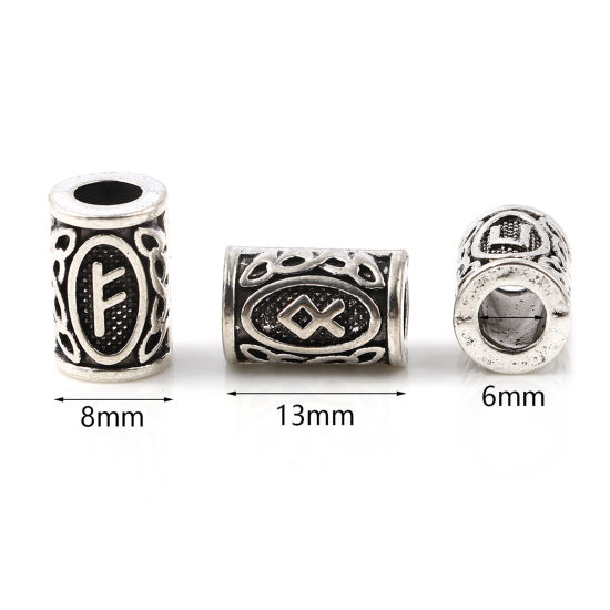 Image de Perles de Cheveux Tressés Dreadlock en Alliage de Zinc Colonne Argent Vieilli Rune Viking Gravé 13mm x 8mm, Trou: env. 4.7mm, 30 Pcs