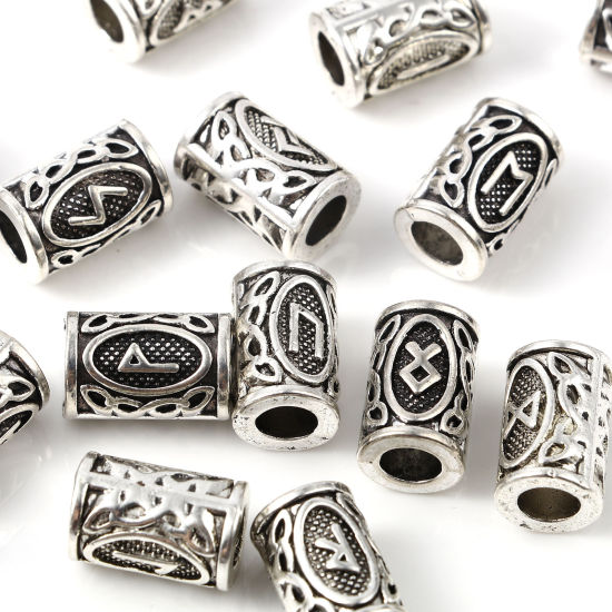 Image de Perles de Cheveux Tressés Dreadlock en Alliage de Zinc Colonne Argent Vieilli Rune Viking Gravé 13mm x 8mm, Trou: env. 4.7mm, 30 Pcs