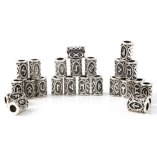 Image de Perles de Cheveux Tressés Dreadlock en Alliage de Zinc Colonne Argent Vieilli Rune Viking Gravé 13mm x 8mm, Trou: env. 4.7mm, 30 Pcs
