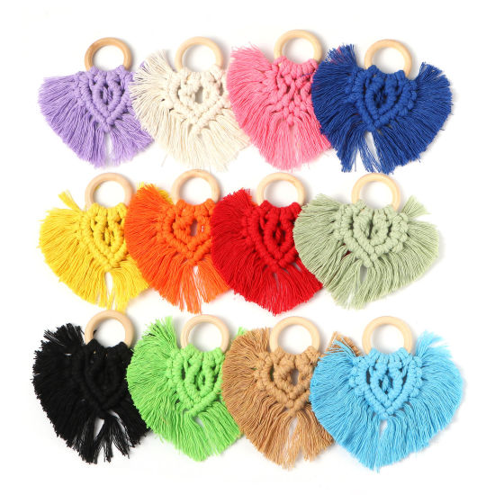 Image de Pendentifs Franges en Bois & Polyester Cœur Multicolore 9.5cm x 9cm, 1 Pièce