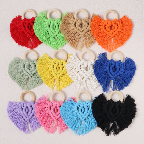 Image de Pendentifs Franges en Bois & Polyester Cœur Multicolore 9.5cm x 9cm, 1 Pièce