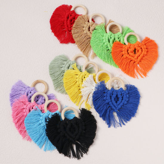 Image de Pendentifs Franges en Bois & Polyester Cœur Multicolore 9.5cm x 9cm, 1 Pièce