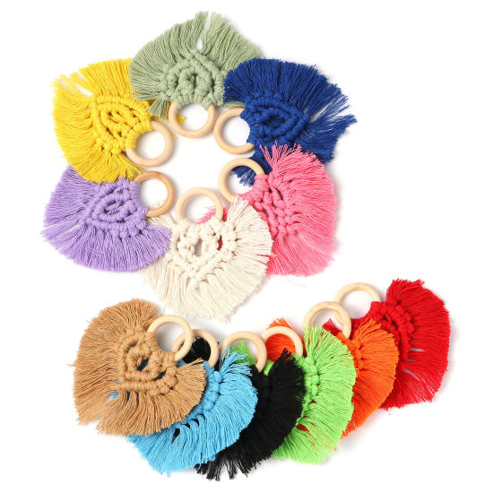 Image de Pendentifs Franges en Bois & Polyester Cœur Multicolore 9.5cm x 9cm, 1 Pièce
