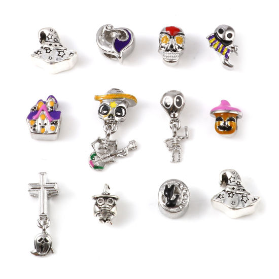 Image de Perles à Gros Trou Halloween en Alliage de Zinc Argent Mat Multicolore 5 Pcs