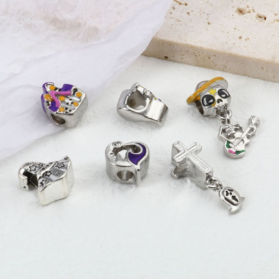 Image de Perles à Gros Trou Halloween en Alliage de Zinc Argent Mat Multicolore 5 Pcs