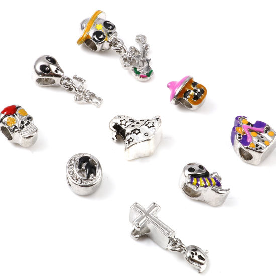 Image de Perles à Gros Trou Halloween en Alliage de Zinc Argent Mat Multicolore 5 Pcs