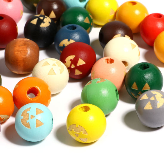 Image de Perles en Bois Naturel Rond Multicolore Halloween Citrouille 16mm Dia, Trou: env. 4.5mm - 3.6mm, 20 Pcs