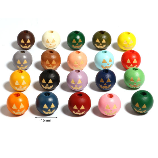 Image de Perles en Bois Naturel Rond Multicolore Halloween Citrouille 16mm Dia, Trou: env. 4.5mm - 3.6mm, 20 Pcs