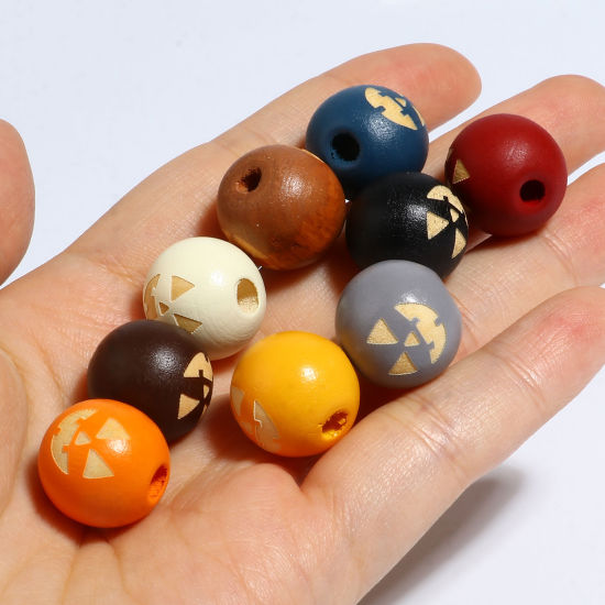 Image de Perles en Bois Naturel Rond Multicolore Halloween Citrouille 16mm Dia, Trou: env. 4.5mm - 3.6mm, 20 Pcs