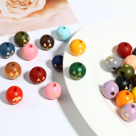Image de Perles en Bois Naturel Rond Multicolore Halloween Citrouille 16mm Dia, Trou: env. 4.5mm - 3.6mm, 20 Pcs