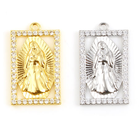 Brass Religious Charms Rectangle Multicolor Jesus Clear Rhinestone 1 Piece