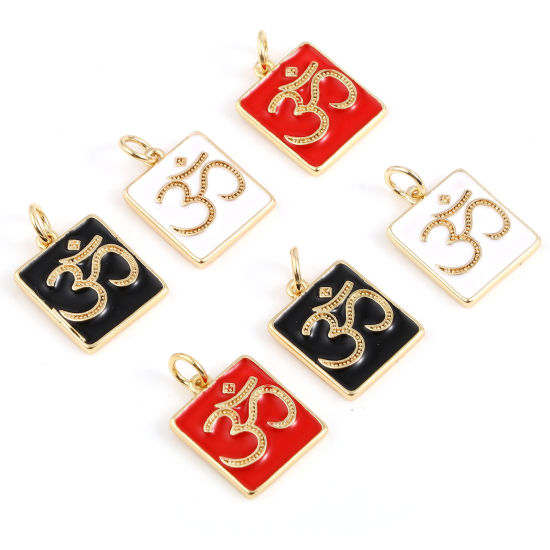 Imagen de Latón Religión Colgantes Charms Rectángulo Multicolor Símbolo de OM 2 Unidades