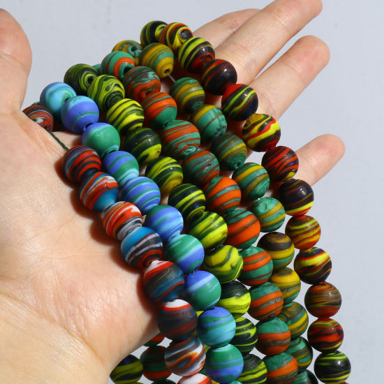 Bild von Muranoglas Perlen Rund Bunt Streifen ca 12mm D., Loch:ca. 2mm, 10 Stück