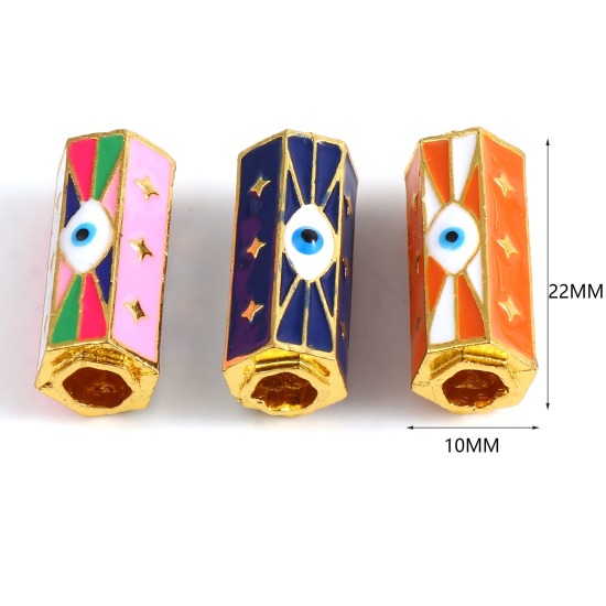 Image de Perles à Gros Trou Religieux en Alliage de Zinc Doré Multicolore Prisme Hexagonal Œil Mauvais Émail 22mm x 10mm, Trou: Environ 4.2mm, 1 Pièce