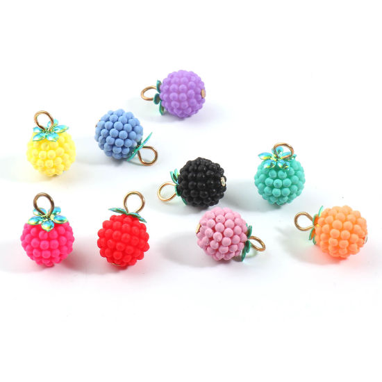 Bild von Harz Charms Himbeere Frucht Vergoldet Bunt 18mm x 12mm, 20 Stück