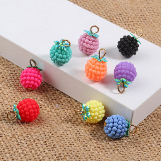Bild von Harz Charms Himbeere Frucht Vergoldet Bunt 18mm x 12mm, 20 Stück