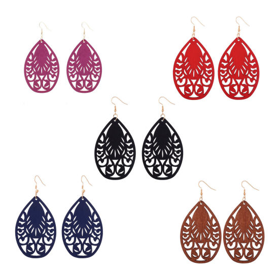 Image de Boucles d'Oreilles en Bois Naturel Multicolore Goutte d'Eau Fleurs Creuses 7.5cm x 3.5cm, 1 Paire