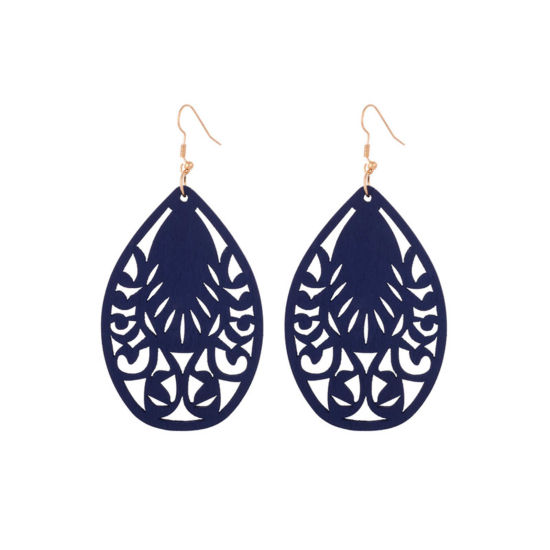 Image de Boucles d'Oreilles en Bois Naturel Multicolore Goutte d'Eau Fleurs Creuses 7.5cm x 3.5cm, 1 Paire