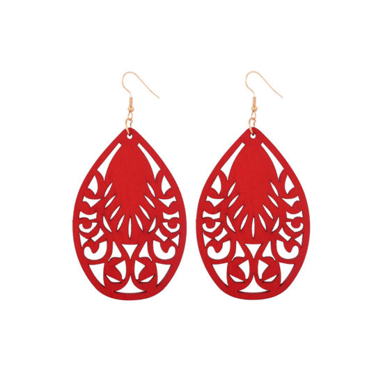 Image de Boucles d'Oreilles en Bois Naturel Multicolore Goutte d'Eau Fleurs Creuses 7.5cm x 3.5cm, 1 Paire
