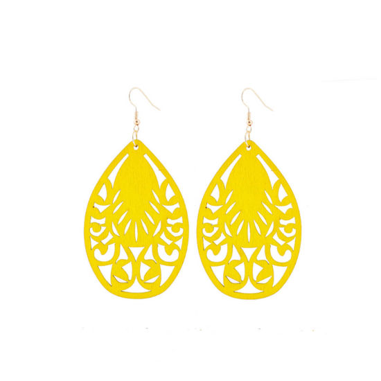 Image de Boucles d'Oreilles en Bois Naturel Multicolore Goutte d'Eau Fleurs Creuses 7.5cm x 3.5cm, 1 Paire