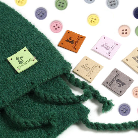 マイクロファイバー ラベル 正方形 多色 猫 " Handmade " 人造スエード 25mm x 25mm 、 20 個 の画像