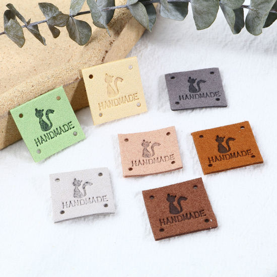 マイクロファイバー ラベル 正方形 多色 猫 " Handmade " 人造スエード 25mm x 25mm 、 20 個 の画像