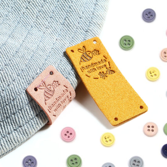 マイクロファイバー 昆虫 ラベル 長方形 多色 蜂 " Hand Made With Love " 人造スエード 50mm x 20mm 、 10 個 の画像