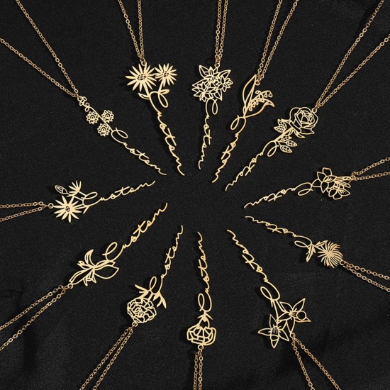 Image de Bijoux Personnalisé de Nom de Mode Fleur de Mois de Naissance en Acier Inoxydable Pendentif Lettre Personnalisé, 1 pièce