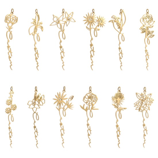 Image de Bijoux Personnalisé de Nom de Mode Fleur de Mois de Naissance en Acier Inoxydable Pendentif Lettre Personnalisé, 1 pièce
