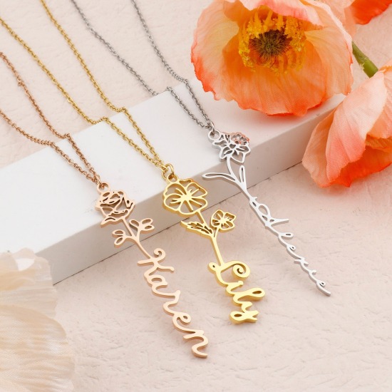 Image de Bijoux Personnalisé de Nom de Mode Fleur de Mois de Naissance en Acier Inoxydable Pendentif Lettre Personnalisé, 1 pièce