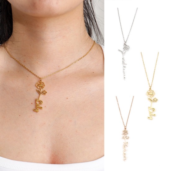 Image de Bijoux Personnalisé de Nom de Mode Fleur de Mois de Naissance en Acier Inoxydable Pendentif Lettre Personnalisé, 1 pièce