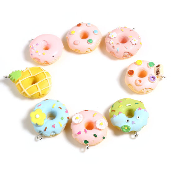 Image de Breloques en Résine Donuts Argent Mat Multicolore 26mm x 23mm, 5 Pcs