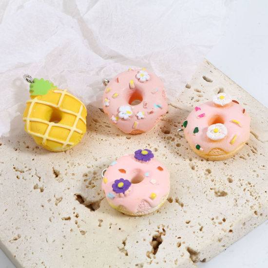 Image de Breloques en Résine Donuts Argent Mat Multicolore 26mm x 23mm, 5 Pcs