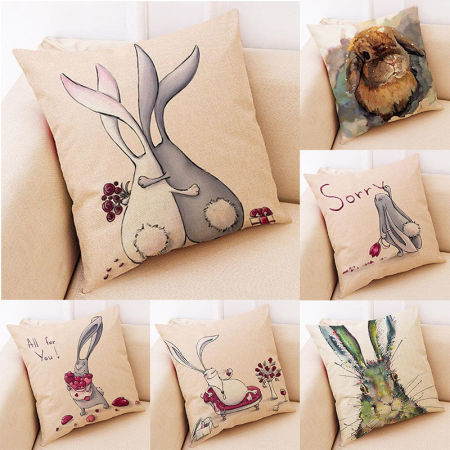 Easter Rabbit Pattern Flax Square Pillowcase Home Textile Decoration