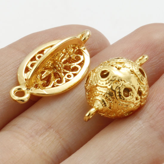 Imagen de Latón 3D Conectores Oro Real Chapado Bola Óvalo Hueco 2 Unidades