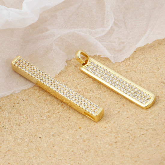Imagen de 1 Unidad Latón Micro Pave Colgantes Charms Rectángulo Chapado en Oro Transparente Rhinestone