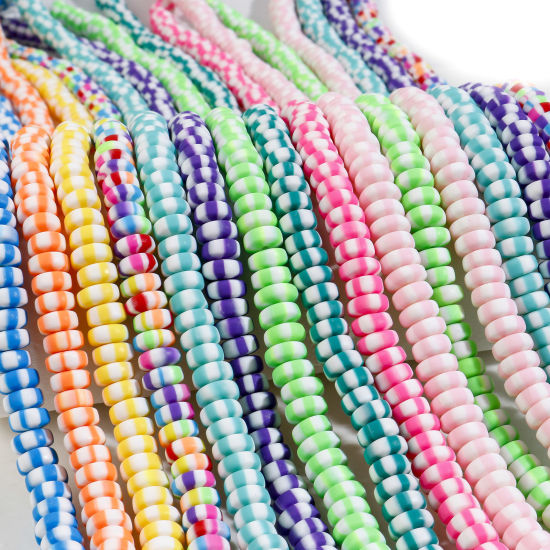 Image de Perles en Pâte Polymère Plat-Rond Multicolore Rayées 2 Enfilades
