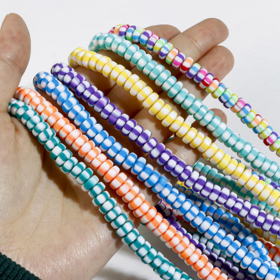 Image de Perles en Pâte Polymère Plat-Rond Multicolore Rayées 2 Enfilades