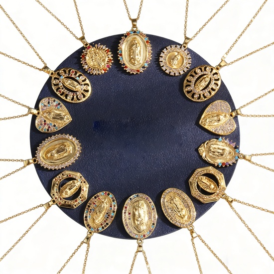 Image de Colliers en Acier Inoxydable & Cuivre Religieux Doré Géométrique Sainte Vierge Marie à Zirconia Cubique Multicolore 40cm Long, 1 Pièce