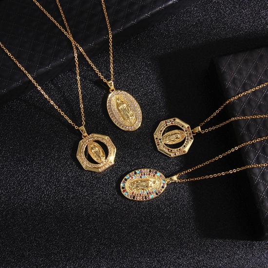Image de Colliers en Acier Inoxydable & Cuivre Religieux Doré Géométrique Sainte Vierge Marie à Zirconia Cubique Multicolore 40cm Long, 1 Pièce