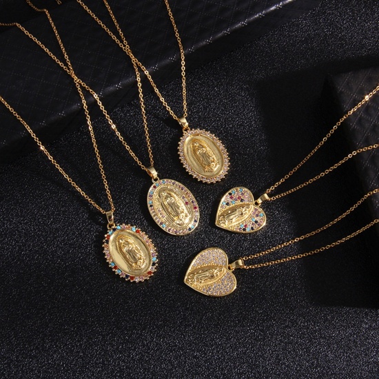 Image de Colliers en Acier Inoxydable & Cuivre Religieux Doré Géométrique Sainte Vierge Marie à Zirconia Cubique Multicolore 40cm Long, 1 Pièce