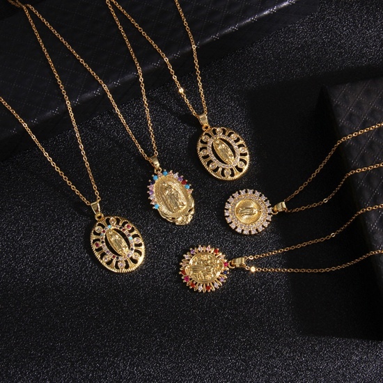 Image de Colliers en Acier Inoxydable & Cuivre Religieux Doré Géométrique Sainte Vierge Marie à Zirconia Cubique Multicolore 40cm Long, 1 Pièce