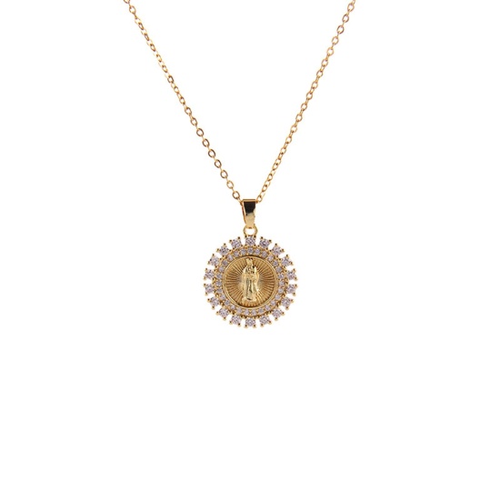 Image de Colliers en Acier Inoxydable & Cuivre Religieux Doré Géométrique Sainte Vierge Marie à Zirconia Cubique Multicolore 40cm Long, 1 Pièce