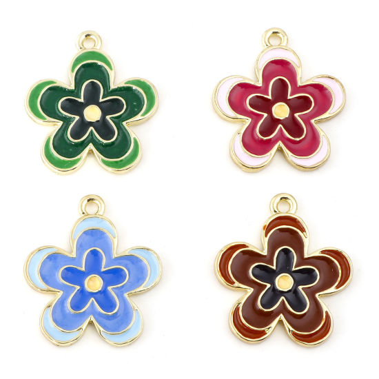 Image de Breloques en Alliage de Zinc Fleur Doré Multicolore Émail 23mm x 20mm, 10 Pcs