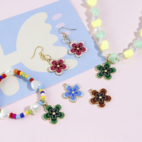 Image de Breloques en Alliage de Zinc Fleur Doré Multicolore Émail 23mm x 20mm, 10 Pcs