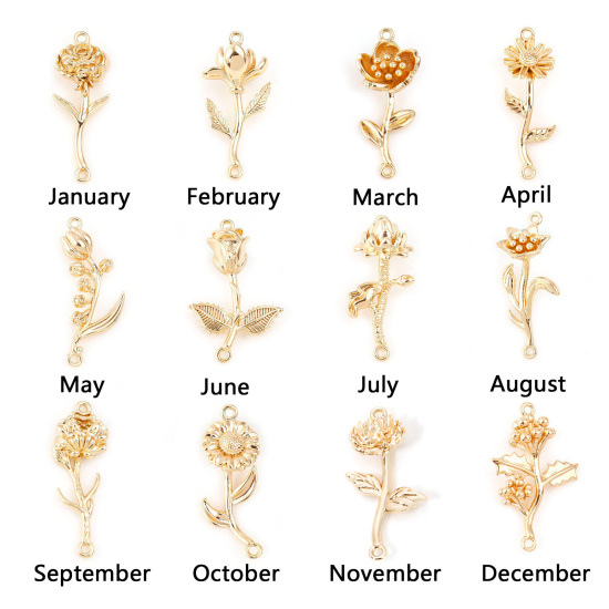 Image de Connecteurs Fleur de Mois de Naissance en Laiton Plaqué Or Véritable Fleurs 2 Pcs