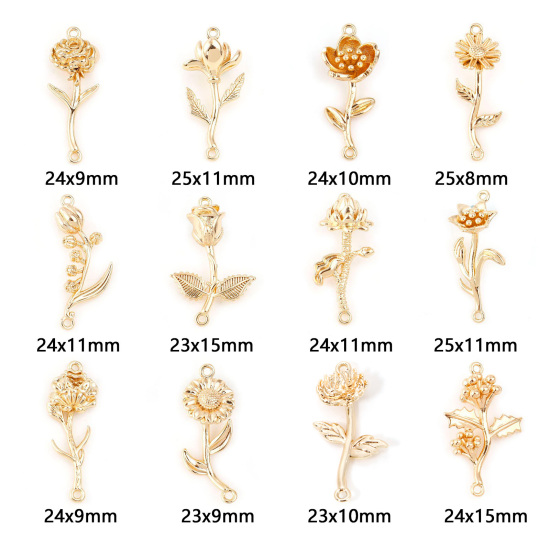 Image de Connecteurs Fleur de Mois de Naissance en Laiton Plaqué Or Véritable Fleurs 2 Pcs