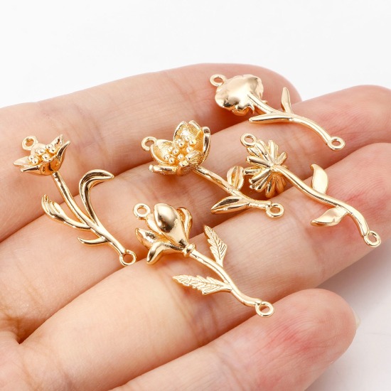 Image de Connecteurs Fleur de Mois de Naissance en Laiton Plaqué Or Véritable Fleurs 2 Pcs